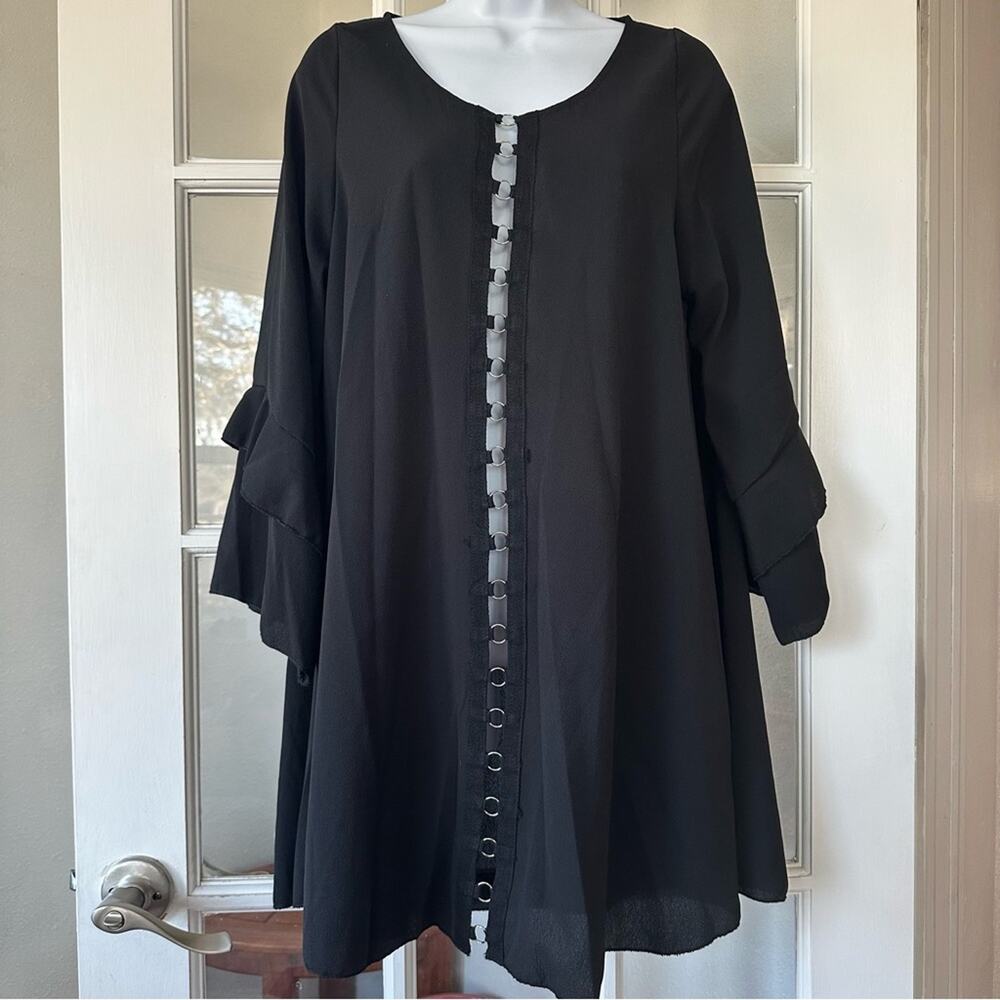 NWT Y2K Highness Cage Front Bell Sleeve Black Flowy Mini Dress Small